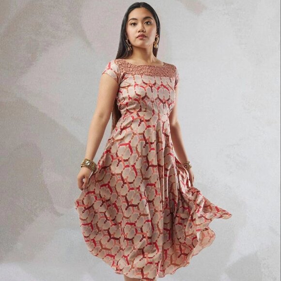 Chic Cream and Red Printed Silk Dress for Women | Muvvas Boutique - Picture 3 of 4